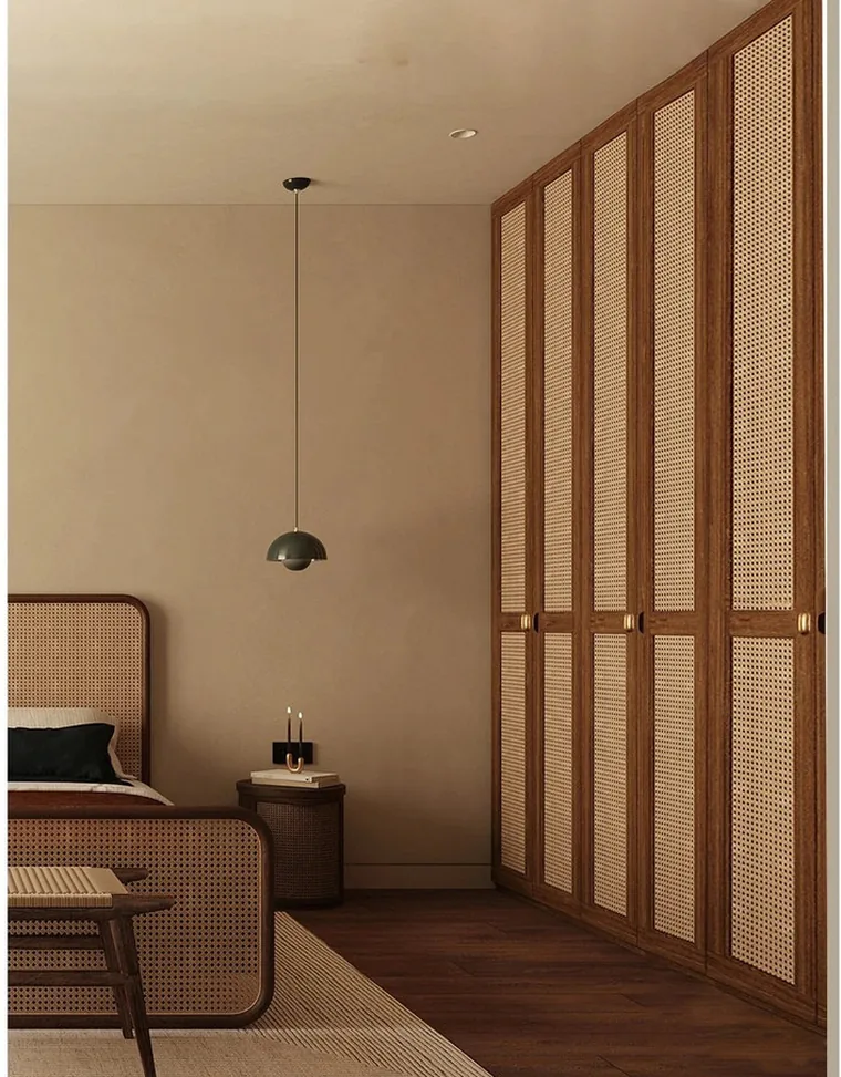 Contemporary Chinese bedroom with rattan wardrobe doors and timber panelling