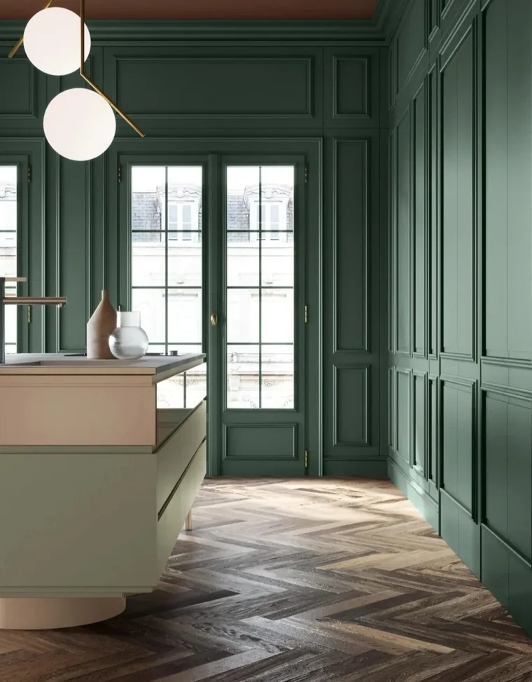 Retro French room with deep green painted panelling and herringbone floor
