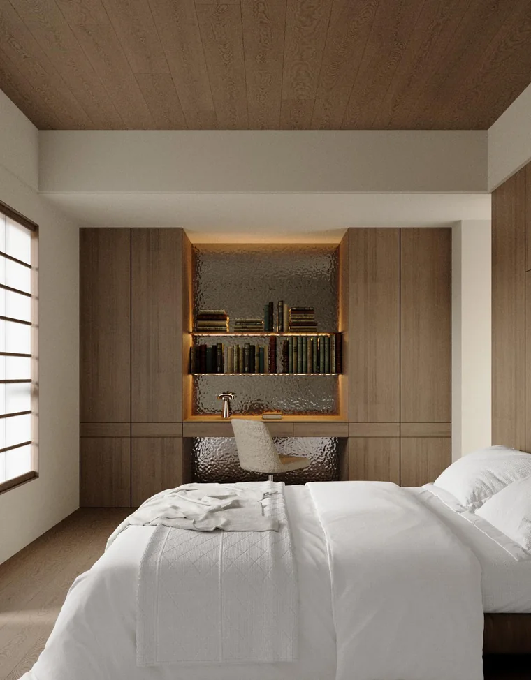 Retro American bedroom with warm timber headboard and full-height wardrobe