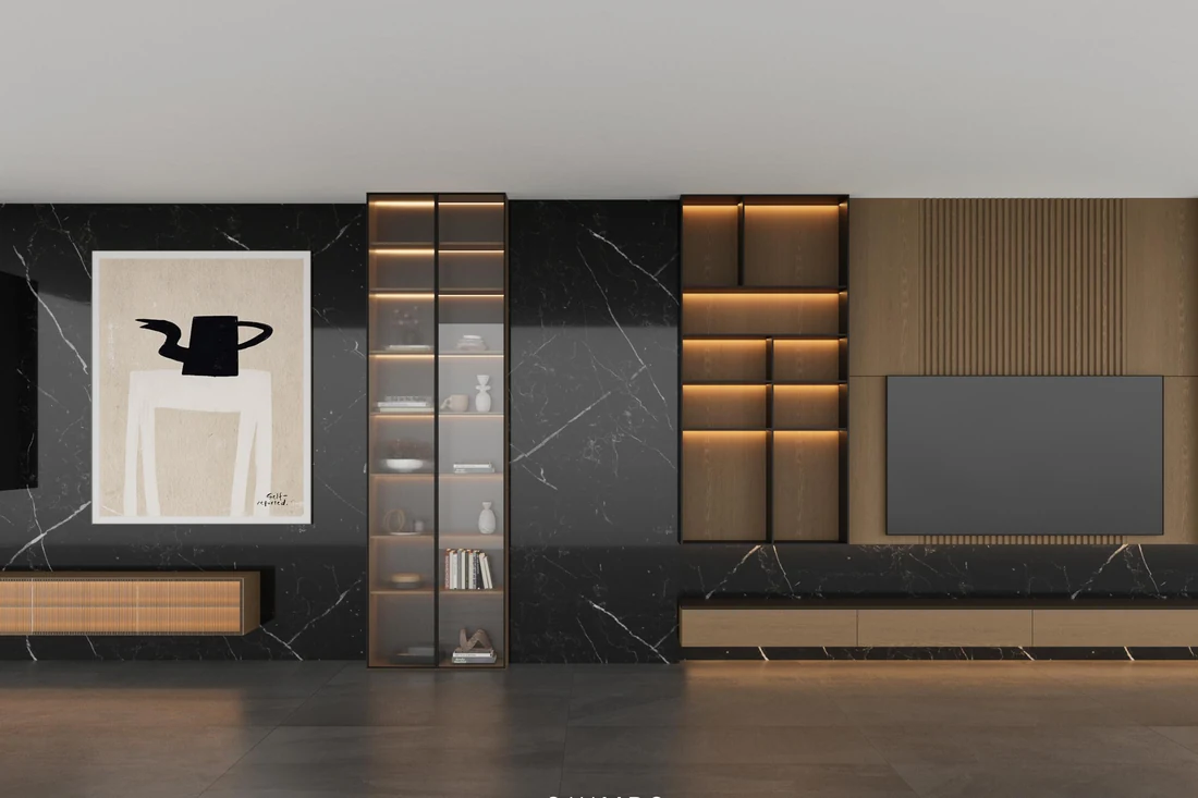 Villa living room with a stone TV wall, oak open shelving and a walnut base unit